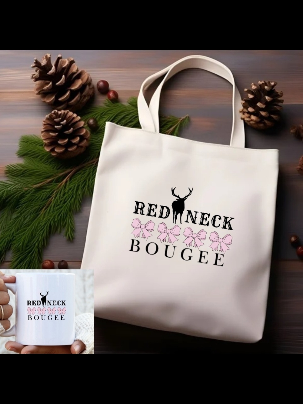 Redneck Bougee Canvas Tote — White with Pink Bows